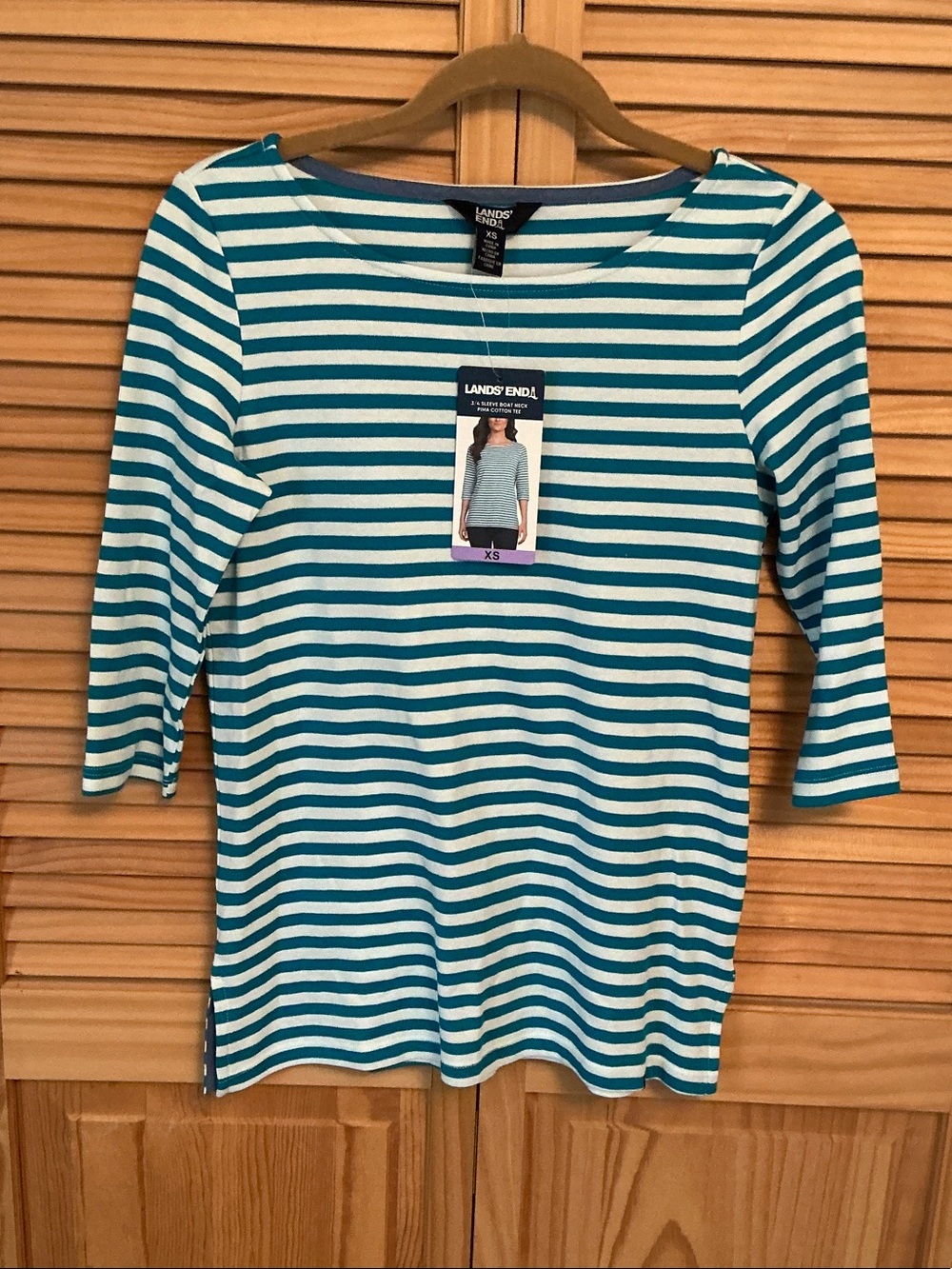 Lands' End Teal and White Striped Boatneck Long-Sleeve Top